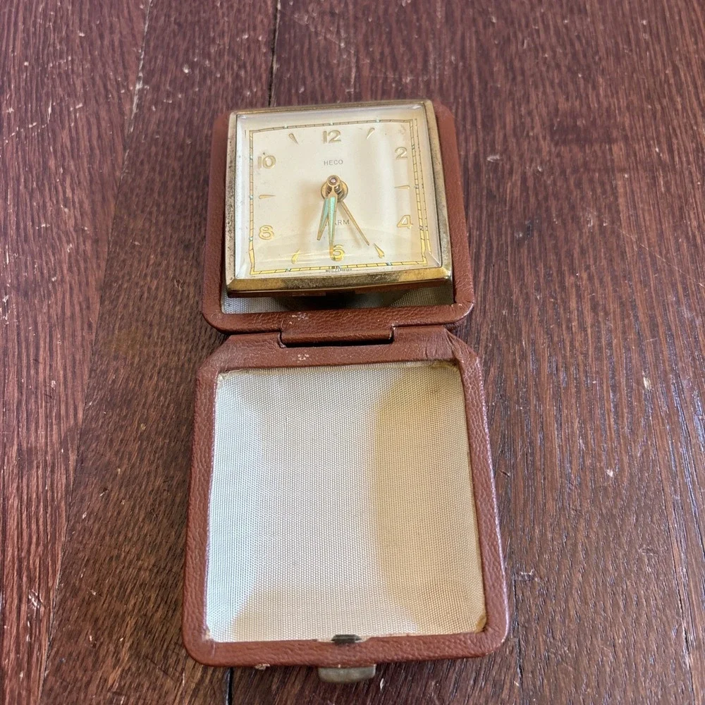 Vintage Travel ALARM CLOCK Heco German Brown Leather 8 days Pocket 1960s